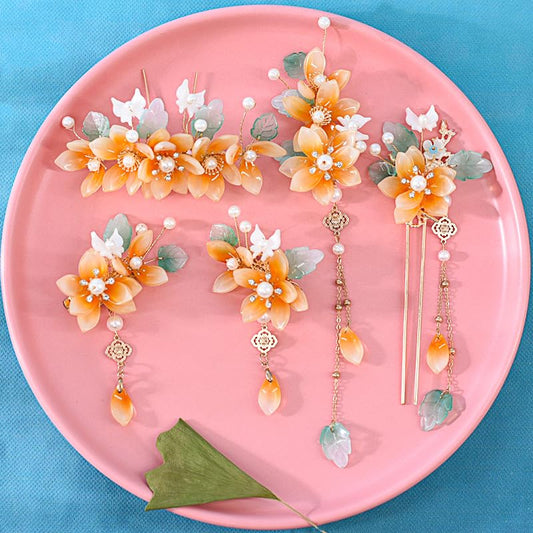 Vintage Flower Hair Clips Set, 5Pcs Decorative Orange Crystal Hair Clips French Pearl Barrettes, Wedding Hair Pins Rhinestones Hair Accessories for Women Girls Bride Bridesmaid