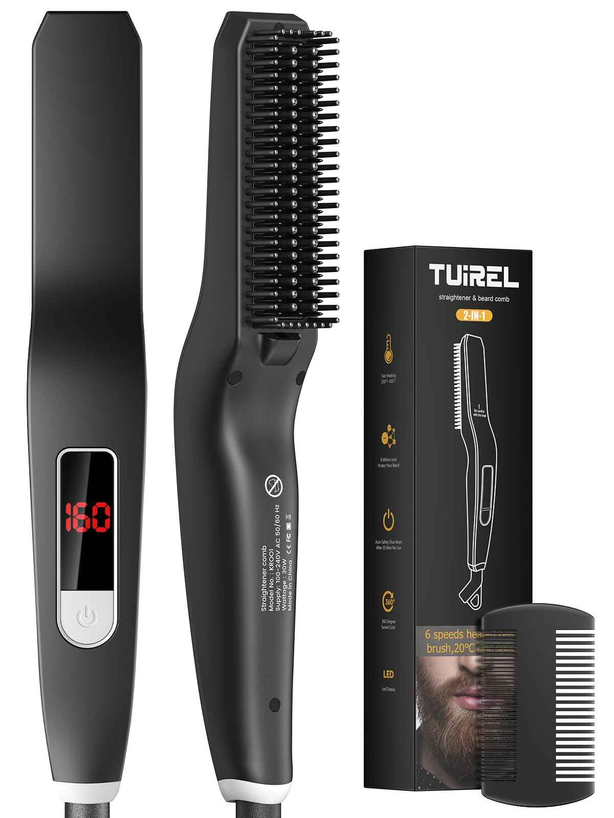 TUIREL Beard Straightener for Men, 2 in 1 Heated Beard Brush, 6 Temperature Settings LCD Display Anti-scalding Hot Comb for Beard Care Kit for Men Gifts Set