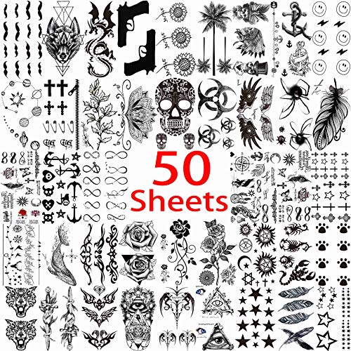 50 Sheets Black Temporary Tattoos For Men Adults Ealge Dragon Lion Wolf Animals For Women Neck Arm Thigh, Fake Small Skull Tattoo Sticker For Kids Children Boys Girls Tatoos