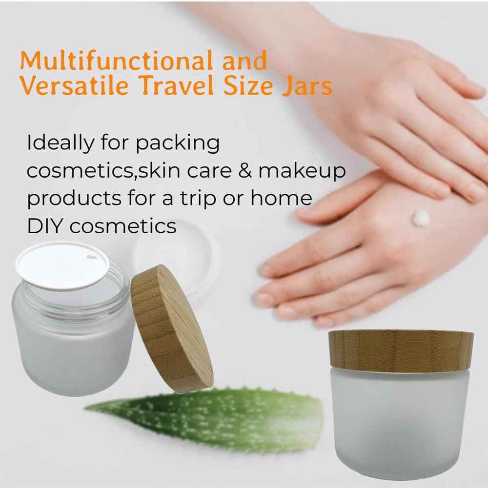 BEECO GIF2U Empty Refillable Frosted Glass Cosmetic Cream Jar 4 Pack 6.7 OZ/200g with Bamboo Lids,Skin Care Travel Containers Pot for Clay Masks,Butter,Body Scrub,Lip Balm, Ointments, Lotion Frost