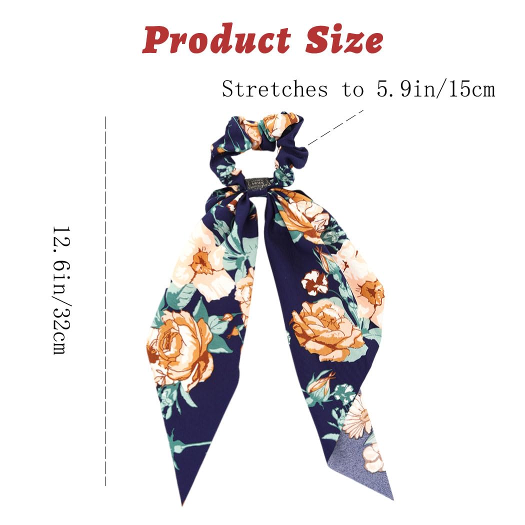 Jewemia Bow Scrunchies: Floral Pattern Silk Bowknot Hair Ties, Elastic Ponytail Holders for Women and Girls - 4 pcs