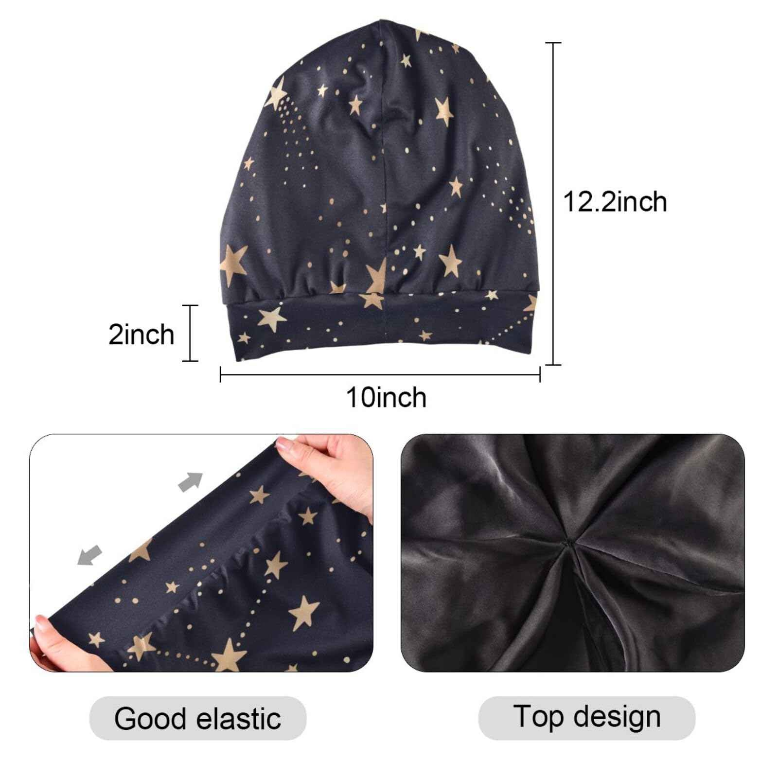 Satin Bonnet Hair Wrap for Sleeping Lined Beanie Sleep Cap for Curly Hair Women Men Gold Stars