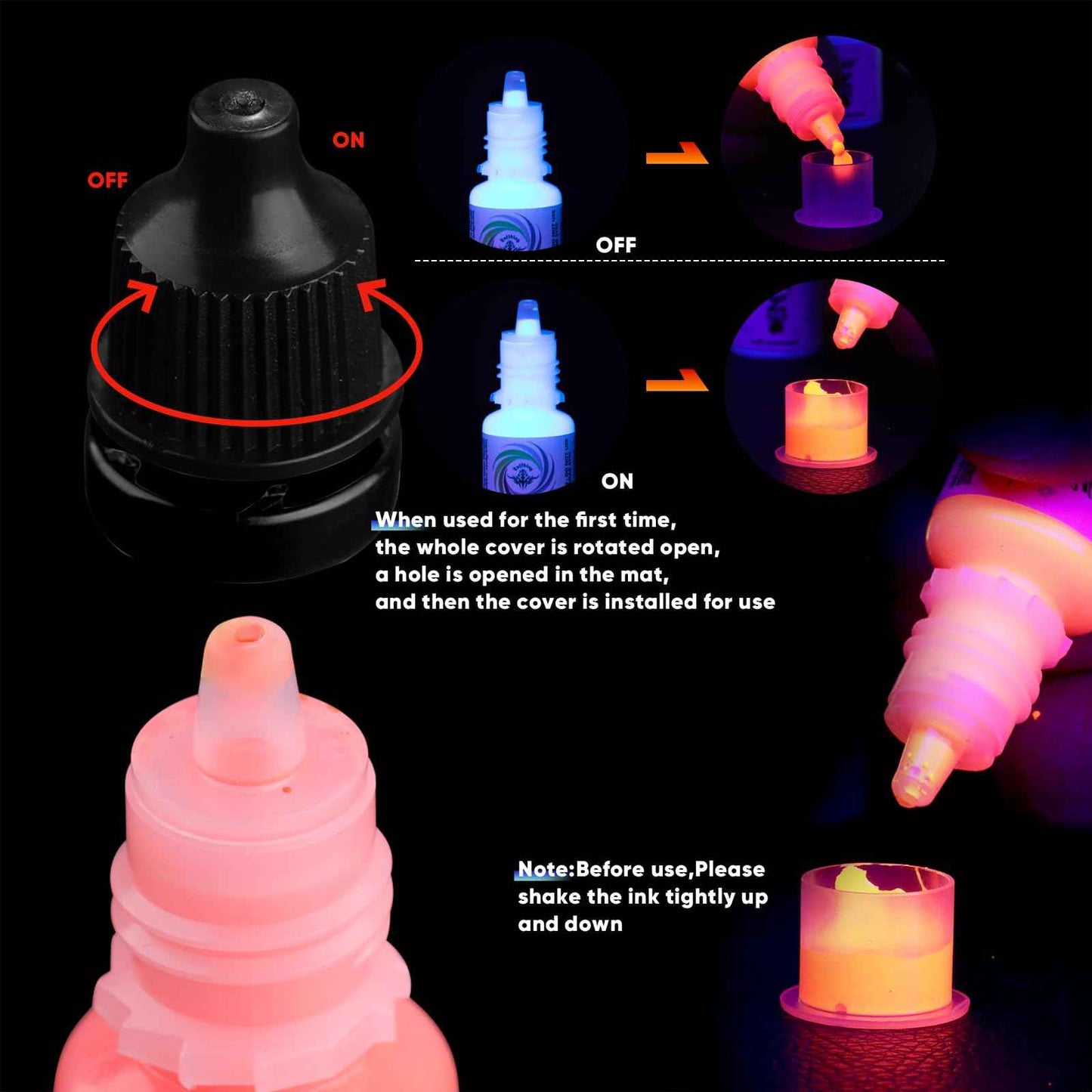 Tattoo Ink Set - Tattoo Inks Pigment Kit, 8 Color 1/6oz 5ml/Bottle Professional Tattoo Fluorescent Ink & Tattoo Equipment for Halloween Supplies (1/6 oz(5ml), 8Color)