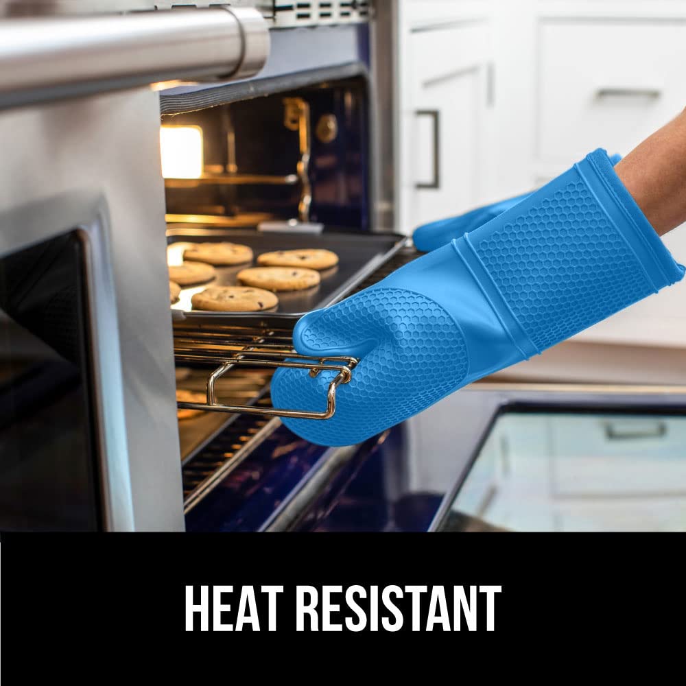 Gorilla Grip Heat and Slip Resistant Silicone Oven Mitts Set, Soft Cotton Lining, Waterproof, BPA-Free, Long Flexible Thick Gloves for Cooking, BBQ, Kitchen Mitt Potholders, 12.5 in, Aqua