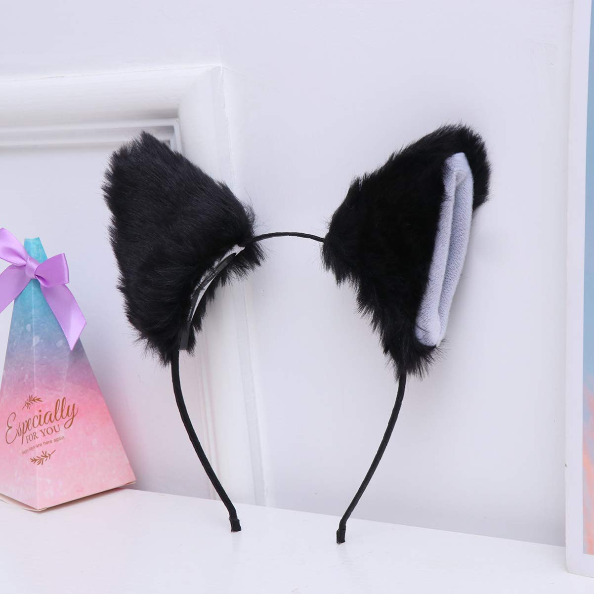 Lurrose Cat Fox Long Fur Ears Headband Cosplay Party Costume Hairbands Cut Plush Hair Hoop Headdress for Women Girls Black