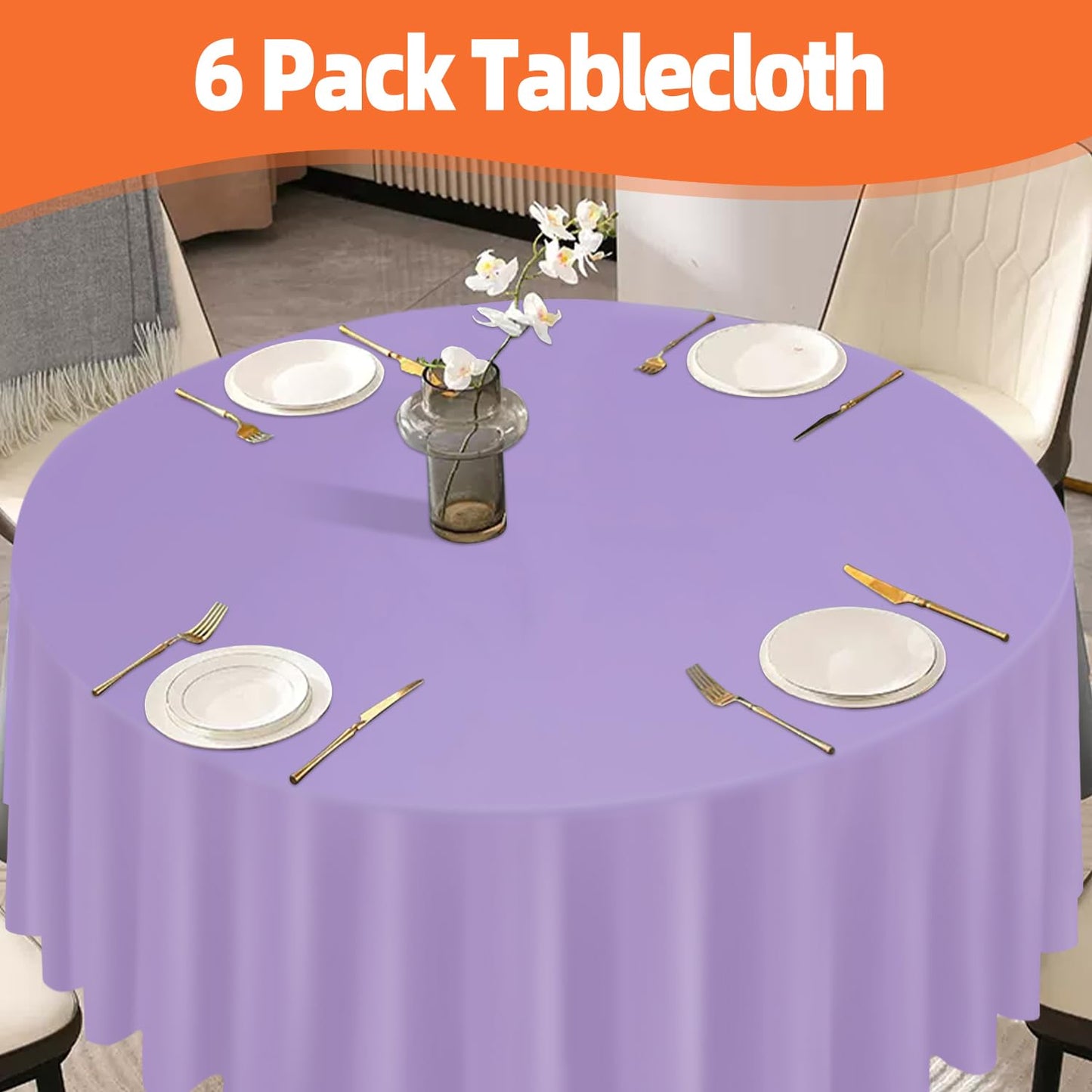 tujol Lavender 6 Pack Plastic Table Cloth 84", Disposable Round Tablecloth Table Cover, Plastic Table Cloths for Parties