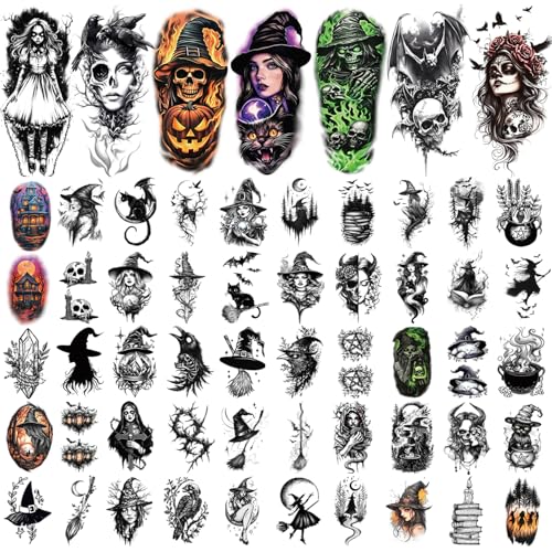 77 Sheets Witch Temporary Tattoos, Halloween Makeup Kit, Scary Half Arm Fake Tattoo Stickers for Adult Women Boy Girl