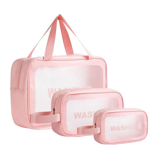 BIRDDIE Clear Travel Bags for Toiletries,3 Pack Toiletry Bag,Matte Translucent Toiletry Bag,Makeup Bag With Handy Handle,Travel Pouch,Makeup Cosmetic Organizer for Travel Essentials(Pink)