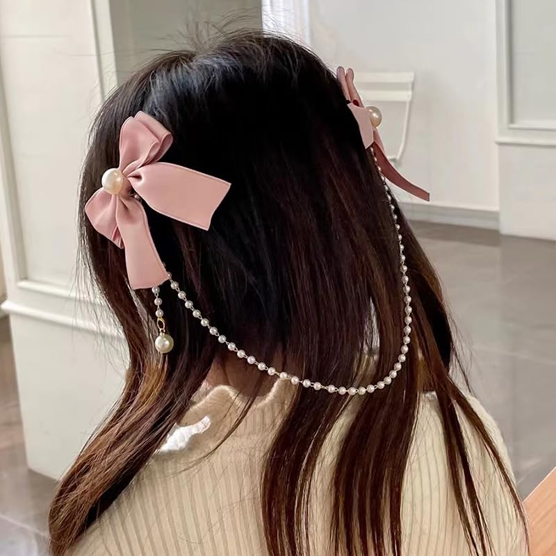 Hair Bow Accessories for Girls Women Pink Hair Bow with Pearls Tassel Ribbon Bow Hair Clips Small Silk Hair Bows for Women Bow Decor Hair Clip Satin Bowknot Hair Clips Head Clips for Women's Hair