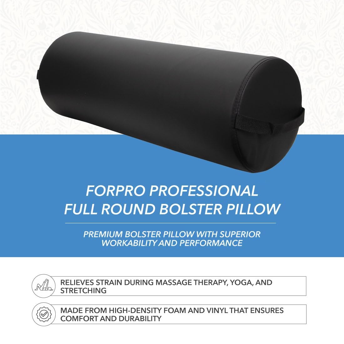 ForPro Professional Collection Jumbo Full Round Bolster Pillow, Black, Oil and Stain-Resistant, for Massage and Yoga, 9” R x 26” L