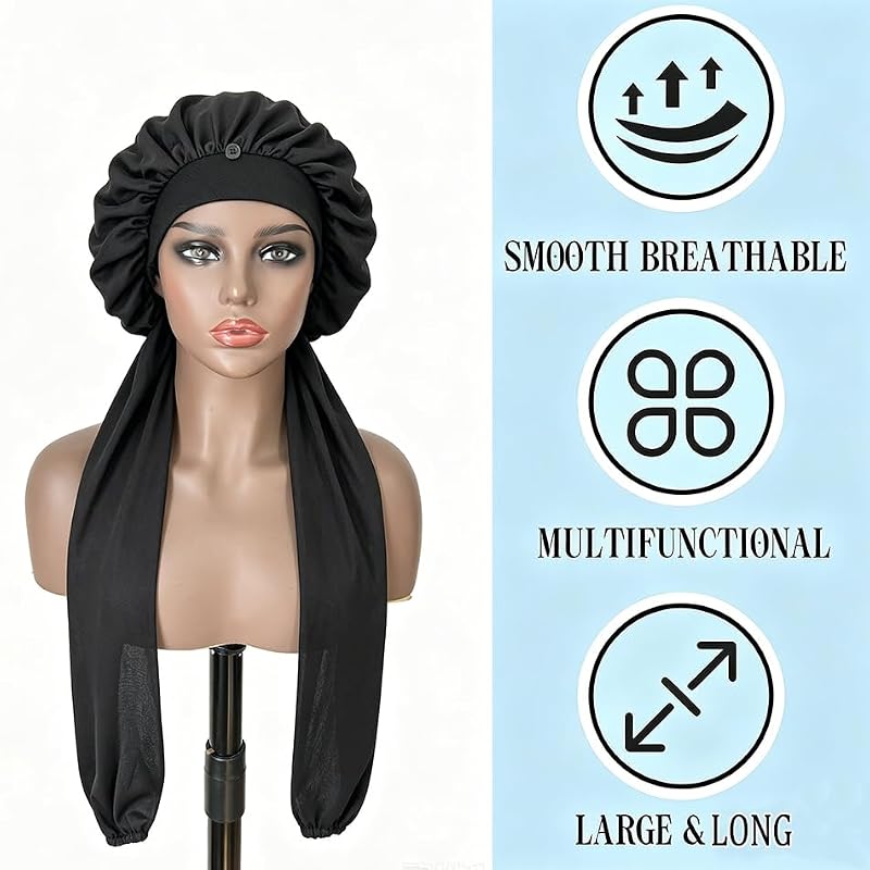 INSBEAUTY Long Hair Sleep Bonnet with Tie Band – Black