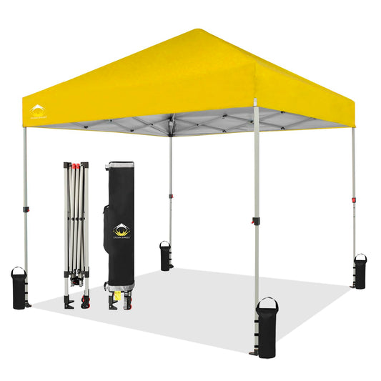 CROWN SHADES 8x8 Pop Up Canopy, Patented Center Lock One Push Instant Popup Outdoor Canopy Tent, Newly Designed Storage Bag, 8 Stakes, 4 Ropes, Silver-Coated Yellow