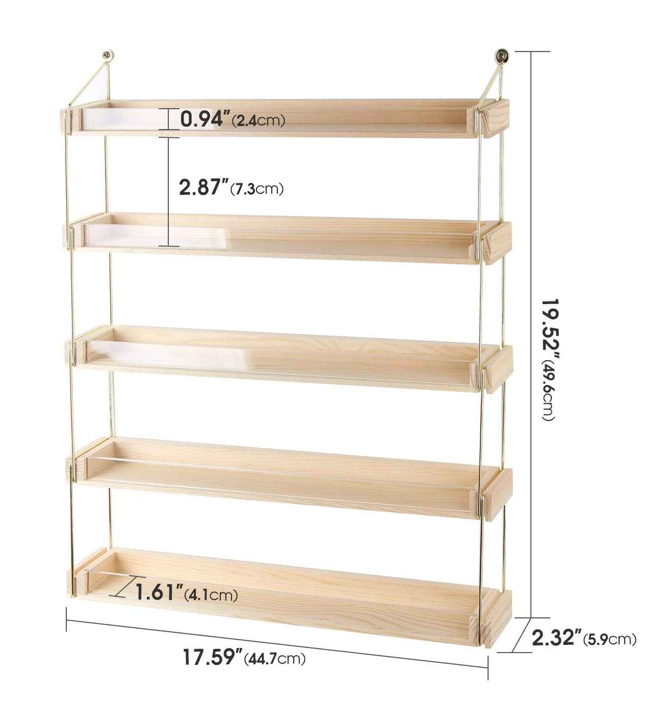 J JACKCUBE DESIGN Wall Mount Gold Metal and Wood Nail Polish Display Shelves Rack Organizer Holds 60 Bottles (5 Tier) - MK543A