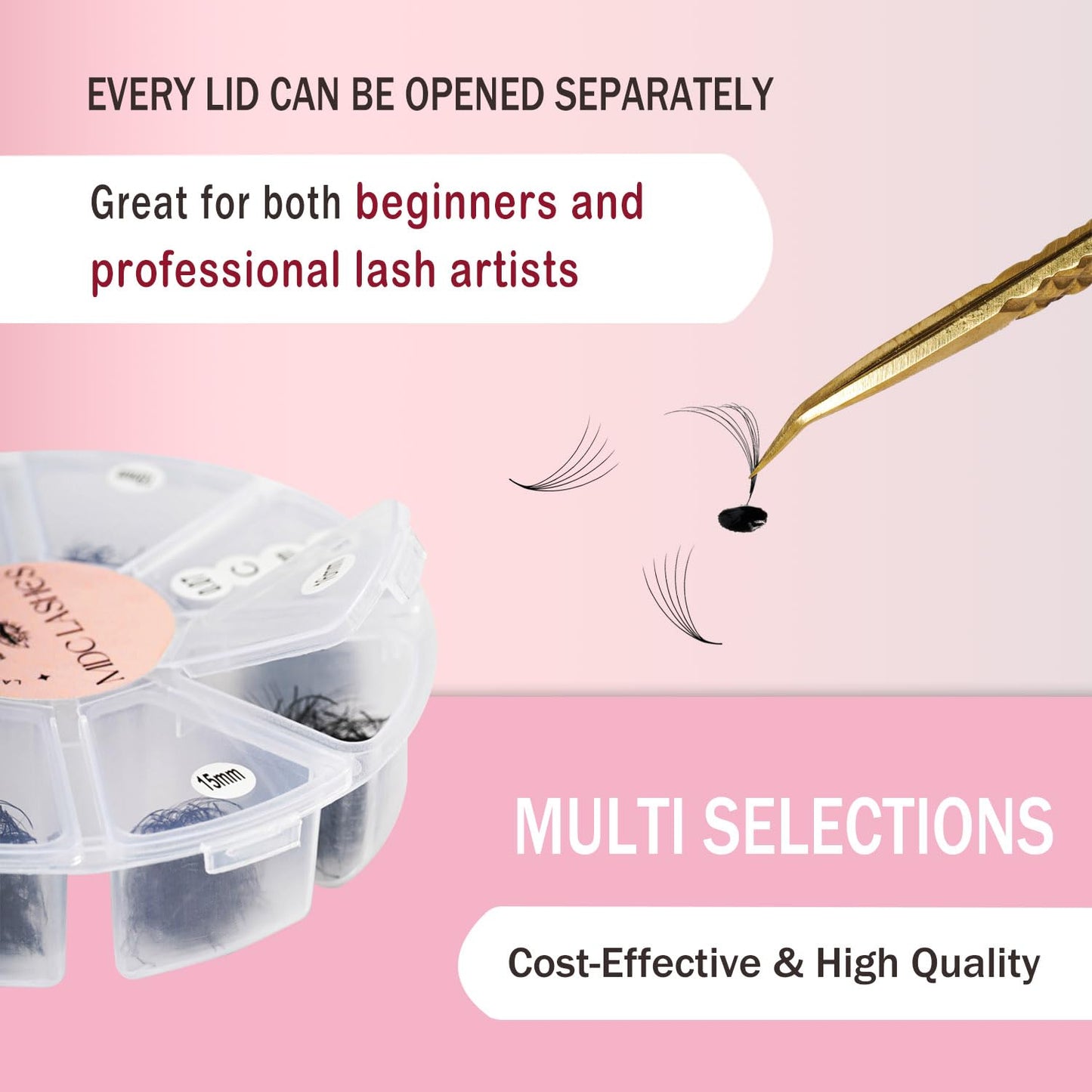 MDC LASHES Promade Eyelash Fans Mix Length 1000 Fans Volume Lash Extensions 8D-16D, C D Curl, 9-16mm Length, 0.05-0.07 Short Stem Promade Premade Pre Pro Loose Fans Eyelash Extension, Easy Application