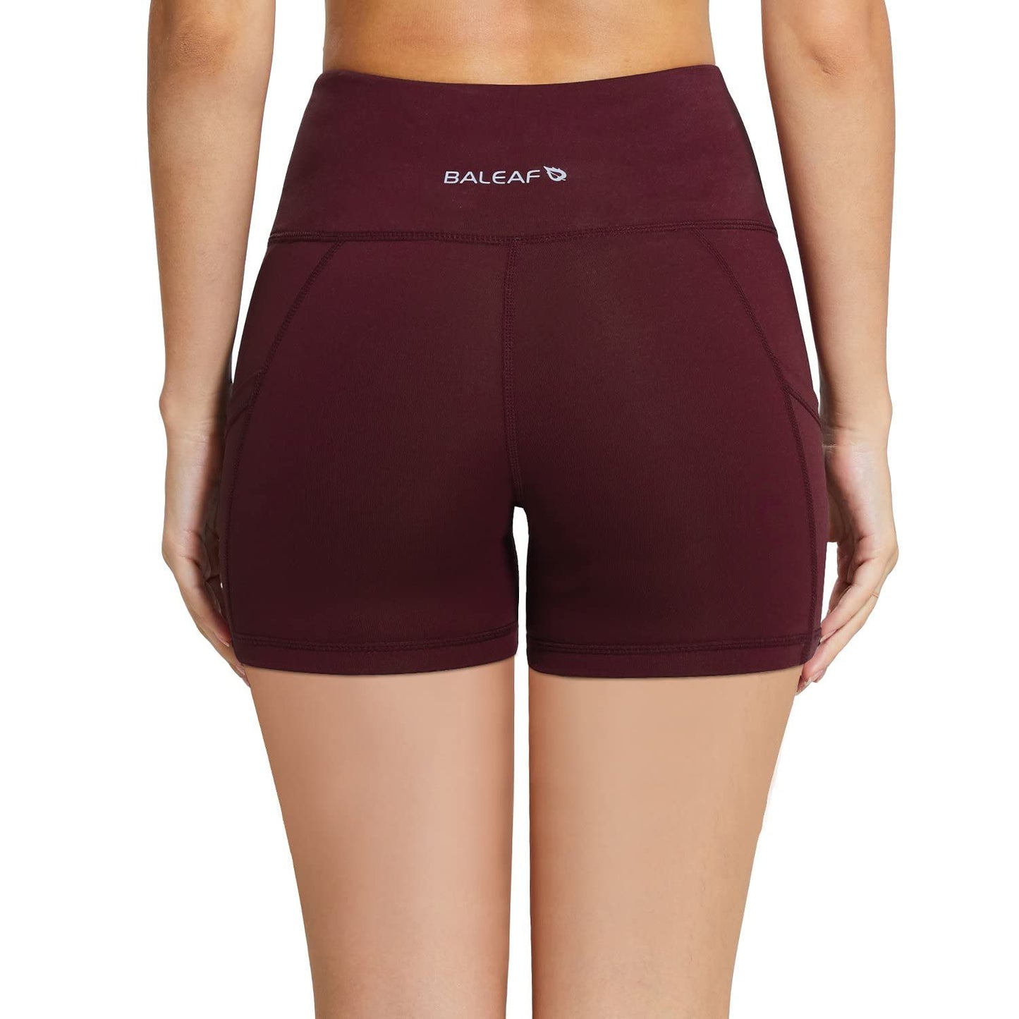 BALEAF Biker Shorts Women Yoga Gym Workout Spandex Running Volleyball Tummy Control Compression Shorts with Pockets 5" Wine Red L