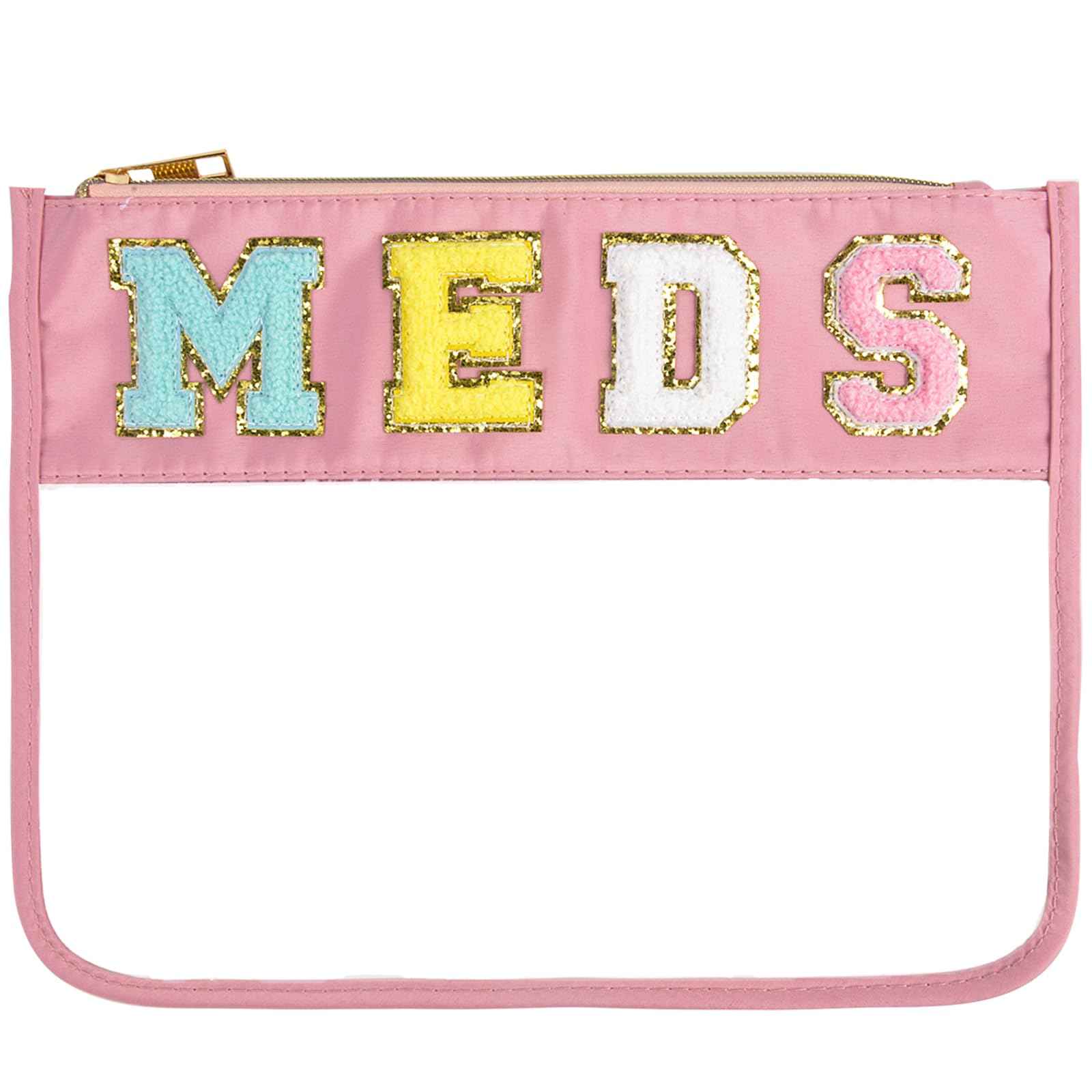 Chenille Snack Bags Letter Clear Snacks Pouch, Preppy Medicine Bag for Travel, Waterproof MEDS Makeup Cosmetic Bag Monogram Nylon and PVC Flat Stadium Purse with Zipper for Women/Girl (Pink MEDS)