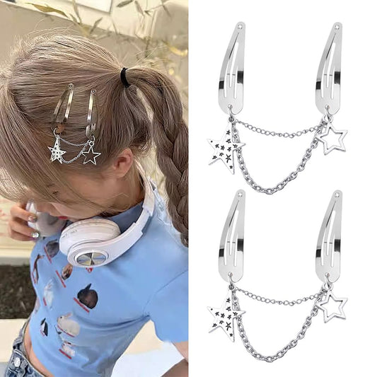 Star Hair Clips for Women Girls Y2k Hair Accessories with Chain Women Girls Dangle Hair Clip silver Hair Barrettes for women girls hair pins silver hair charms goth style hair pin silver 2pcs