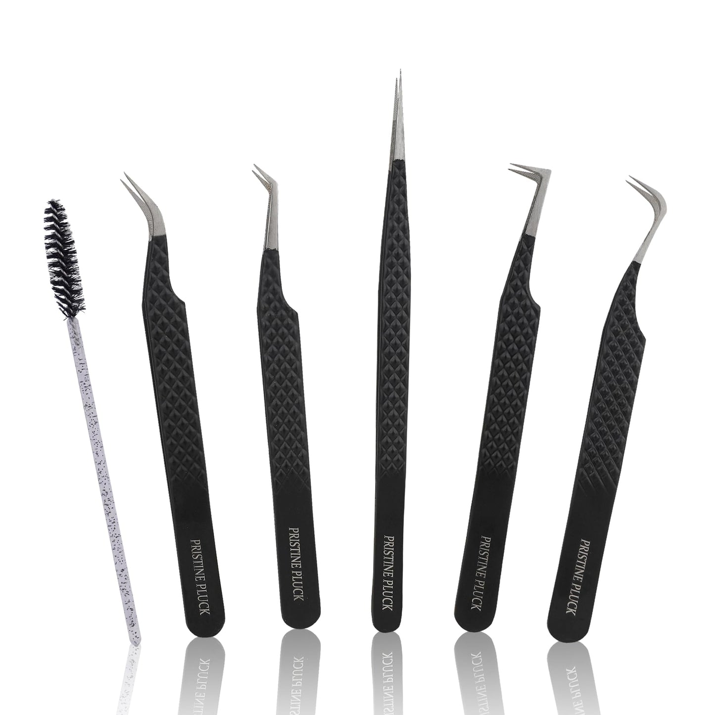 PRISTINE PLUCK 5-Piece Eyelash Extension Tweezers Set Precision Lash Tweezers with Anti-Slip Grip with fiber tip lash tweezers Tools for Lash Artists & eyelash tweezers for women (eyelash set black)