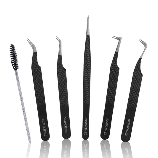 PRISTINE PLUCK 5-Piece Eyelash Extension Tweezers Set Precision Lash Tweezers with Anti-Slip Grip with fiber tip lash tweezers Tools for Lash Artists & eyelash tweezers for women (eyelash set black)