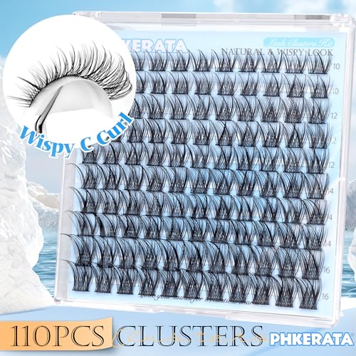 Natural Lash Clusters Wispy Eyelash Clusters 110Pcs Cluster Eyelash Extensions C Curl Individual Lashes 10-16MM Mix Length Natural Look Lashes Clusters with Thin Lash Band, Black