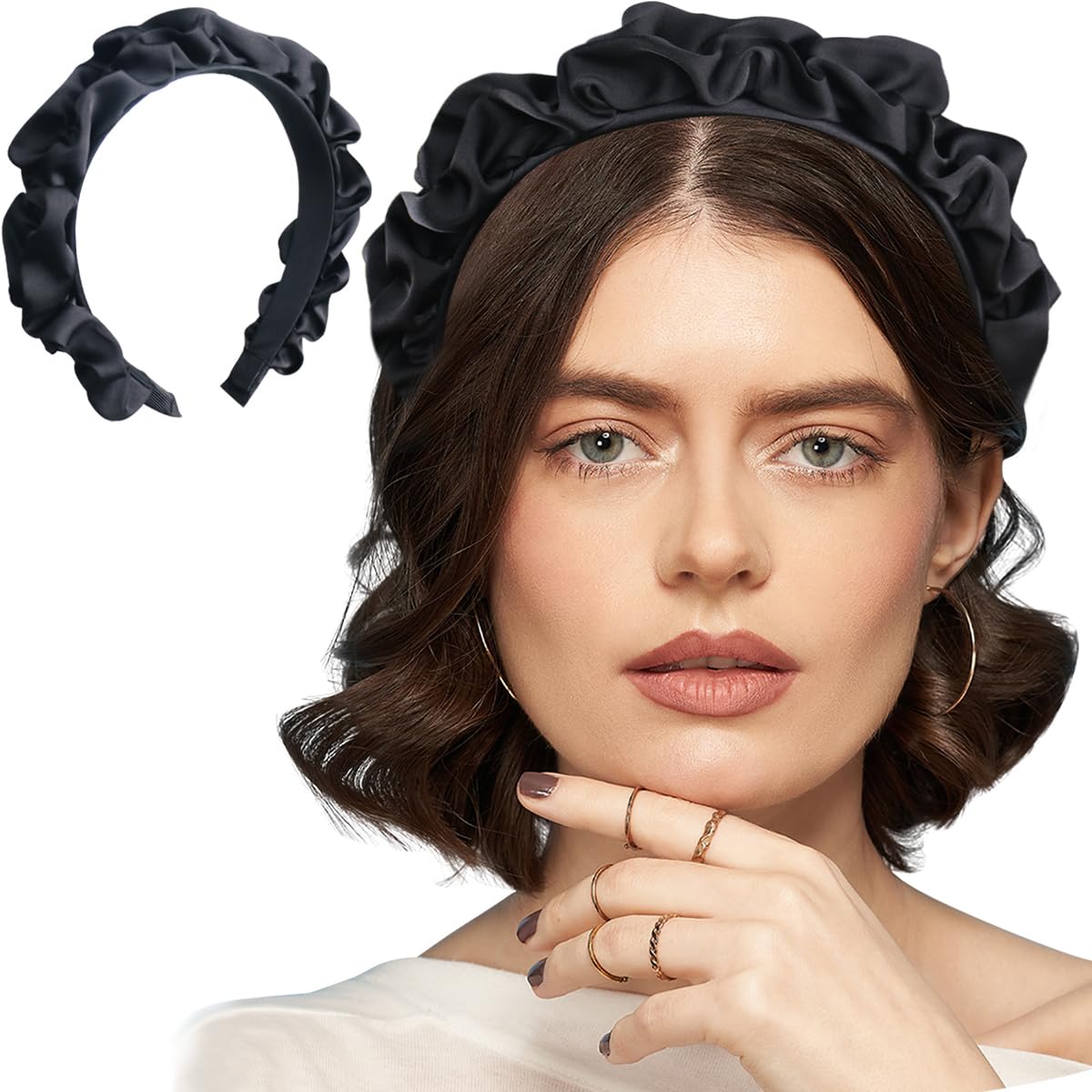 Ababalaya Black Puffy Hairband for Women - Wide Simple Headband, Soft Satin Hair Hoop for Teen Girls, Hair Accessories