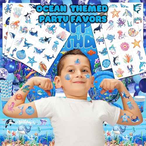 96 PCS Ocean Sea Animal Shark Whale Fish Pre-Cut Temporary Tattoos for Kids | Super Cute Themed Birthday Party Favors, Supplies, Decorations, Fake Tattoo Stickers (Multiple)