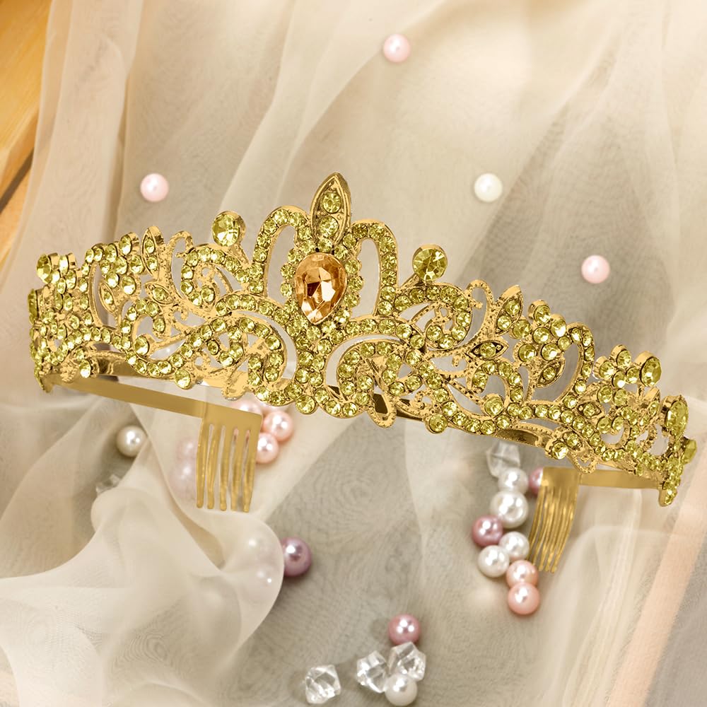 Bridal Crown Yellow Crystal Prom Queen Tiaras for Girl Bling Headbands for Women Rhinestone Happy Birthday Princess Crown with Combs Elegant Headdress Decorations for Christmas Wedding Party Gifts