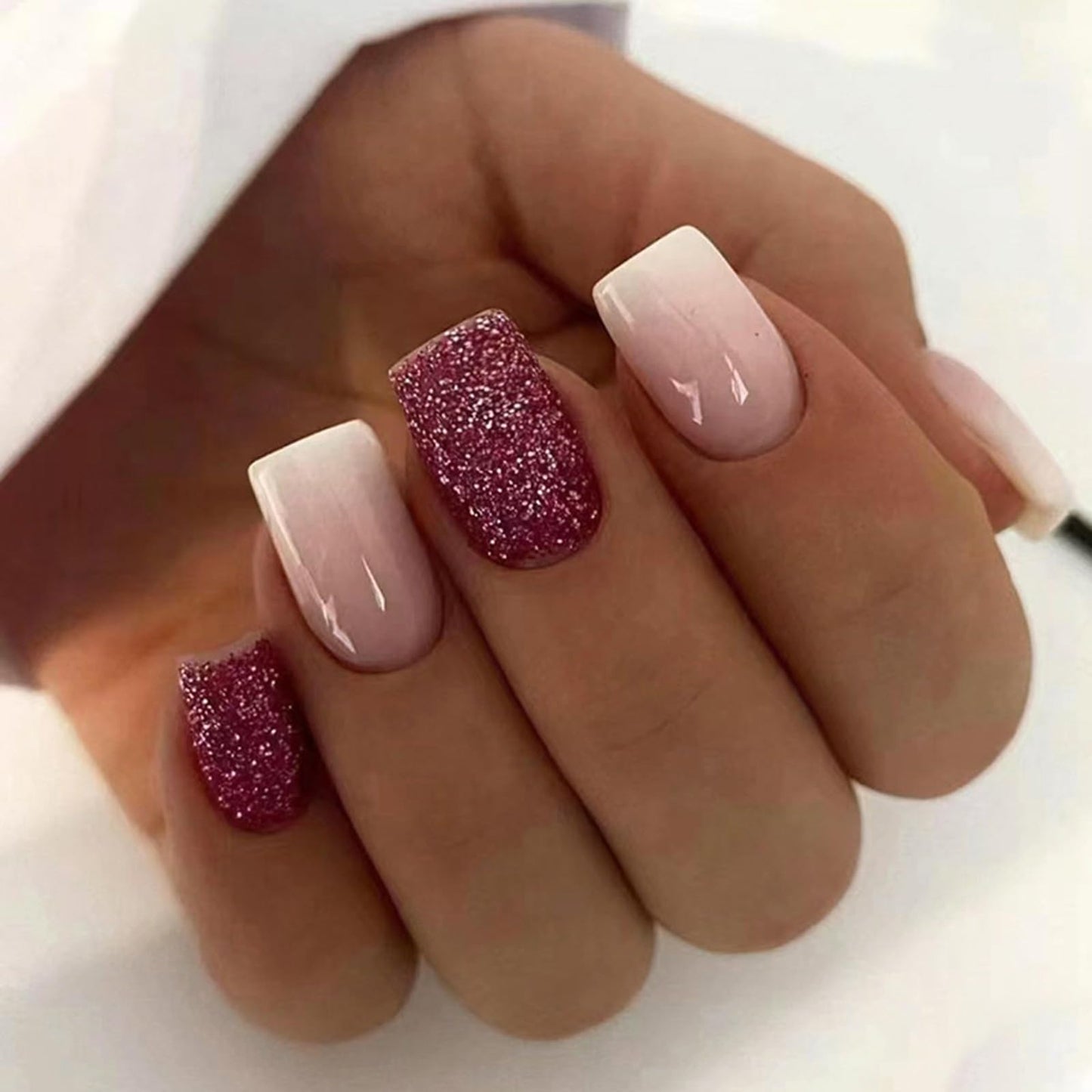 Medium Press on Nails Gradient Pink Fake Nails Square Shape Acrylic Nails Full Cover Artificial Nails Glossy False Nails with Red Glitter Design Cute Stick on Nails for Women Girls Nail Decoration