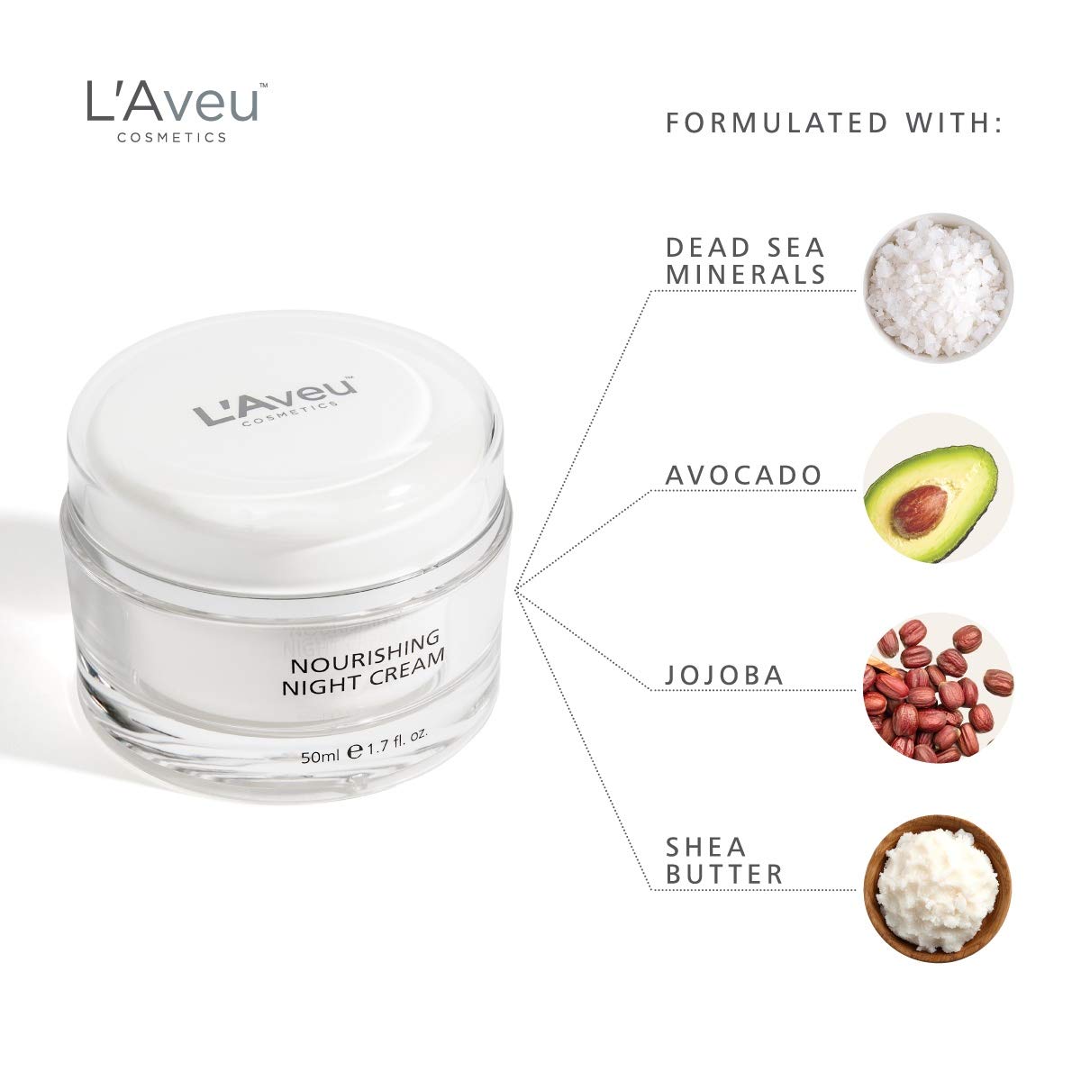 L'Aveu Nourishing Night Cream - Anti-Aging Nighttime Moisturizer for Face - Natural Moisturizing Facial Care Blend with Dead Sea Minerals, Shea Butter, Jojoba & Avocado - Gentle Skin Renewal - 1.7 oz