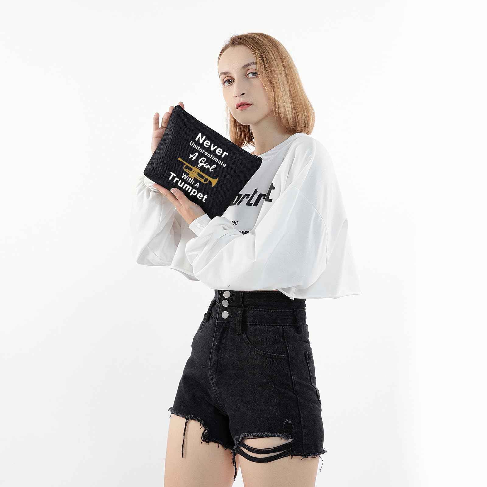 LELVO Funny Trumpet Gift Never Underestimate A Girl With A Trumpet Makeup Bags Trumpet Lovers Zipper Pouch (Girl With A Trumpet+black)