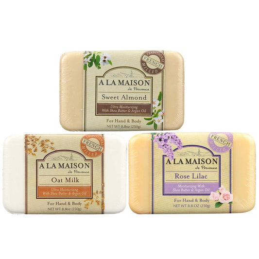 A LA MAISON Sweet Almond, Oat Milk & Rose Lilac Uses: Hand and Body, Triple Milled, Essential Oils, Plant Based, Vegan, Cruelty-Free, Alcohol & Paraben Free (3 Bars of Soap, 8.8 oz)