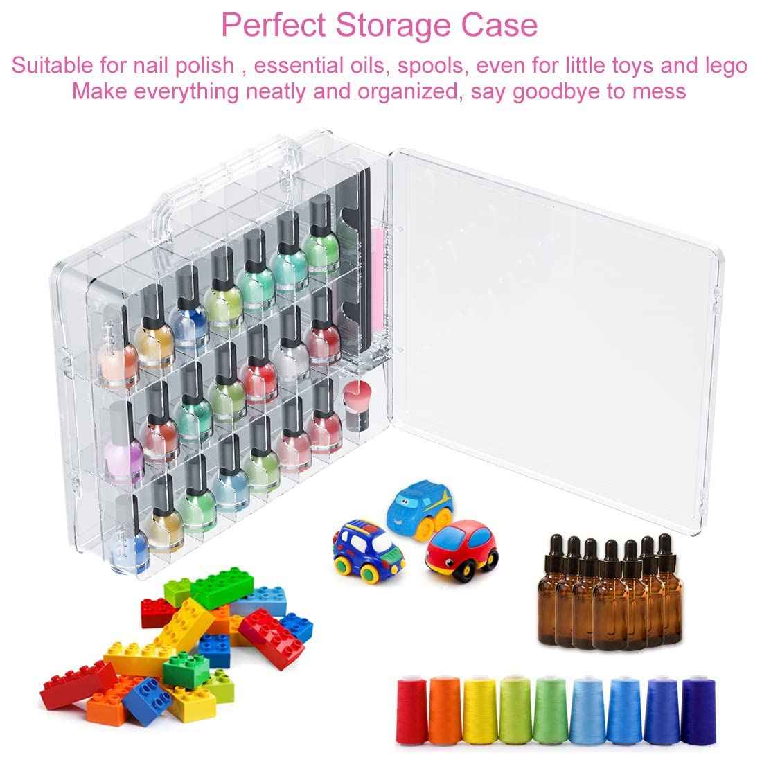 JIASHENG Two Nail Polish Organizer Case Holders, 48 Bottles Universal Nail Storage Box for Double Side Adjustable Space Divider for Acrylic Nail Gel Dip Powder Tips Set with Two Toe Separator