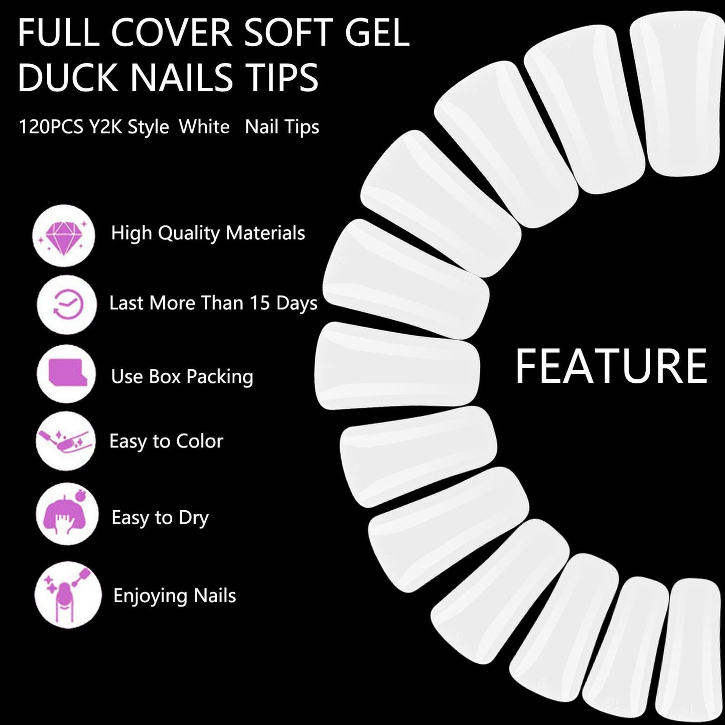 GoLashFun Duck Nail Tips for Acrylic Nails Professional,120PCS White Duck Fan Flare Full Cover Gel X False Nail Wide French Duck Full Coverage Tips