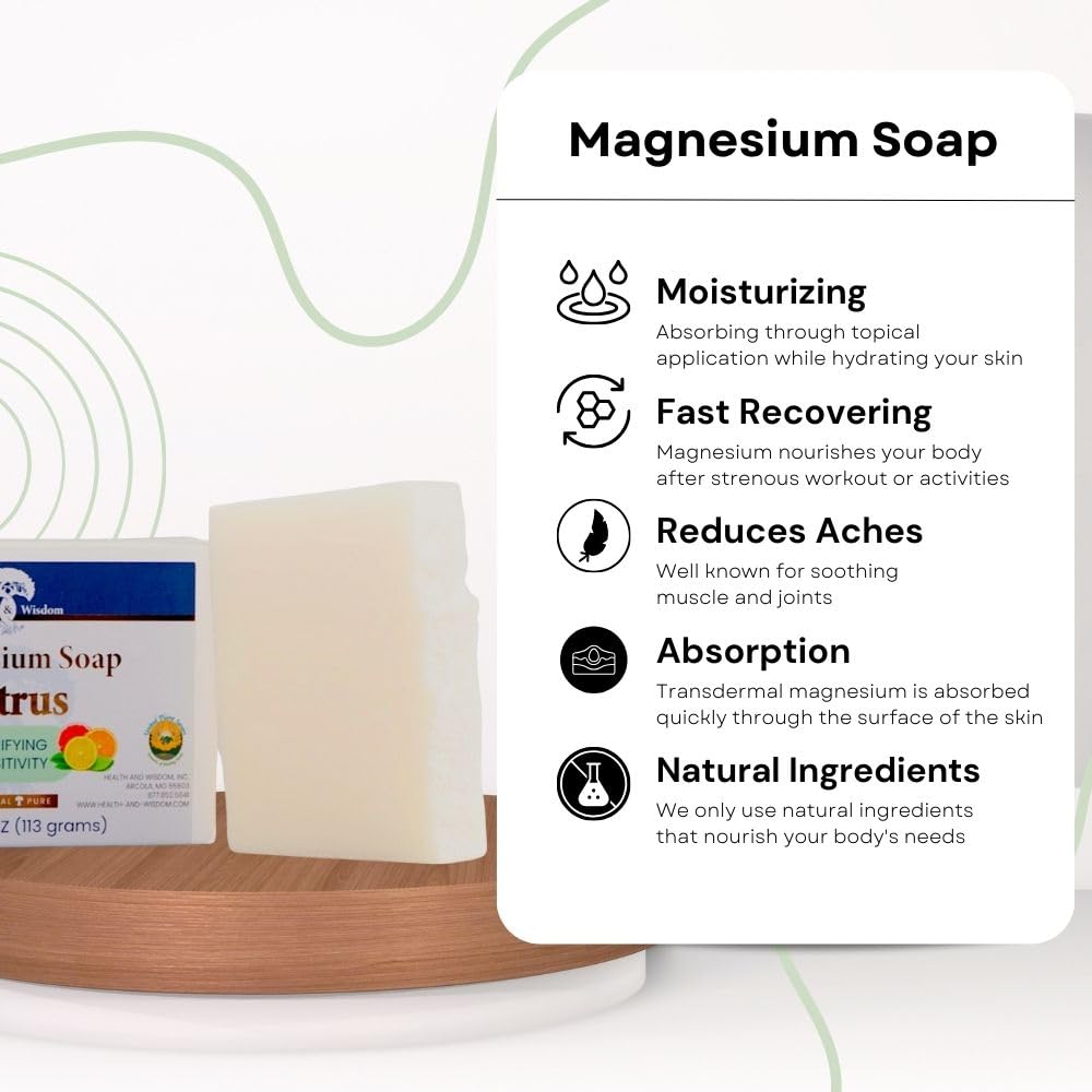 Health and Wisdom Magnesium Soap Bar - Bar Soap, Magnesium Body Wash, All Natural Soap Bar, Magnesium Bar, Magnesium Shower, Magnesium Oil, Bath Soap Bars - Citrus, 4 Oz (Pack of 2)