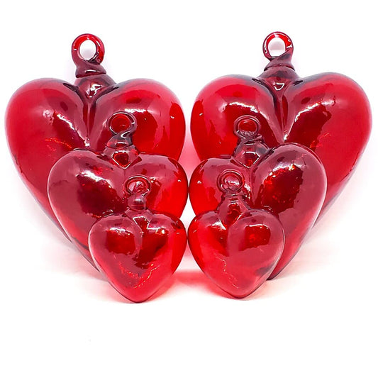 MexHandcraft Red Three Sizes Hanging Glass Hearts (Set of 6), Recycled Blown Glass (3-Sizes Hearts)