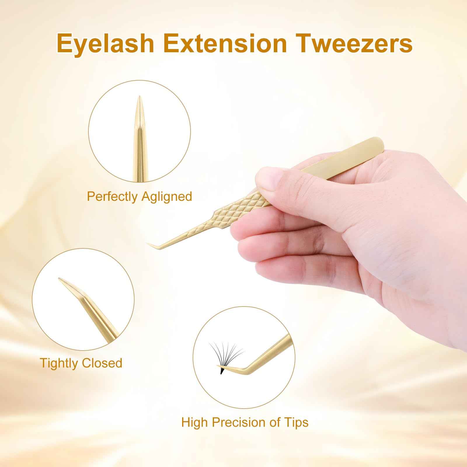 NAGARAKU Precision Fiber Tip Tweezer for Eyelash Extensions Diamond Grip Anti-Static Anti-Slip Premium Gold Stainless Steel Curved Volume Eyelashes Tweezers Supplies with Box(45 Degree Tweezer AG-07)