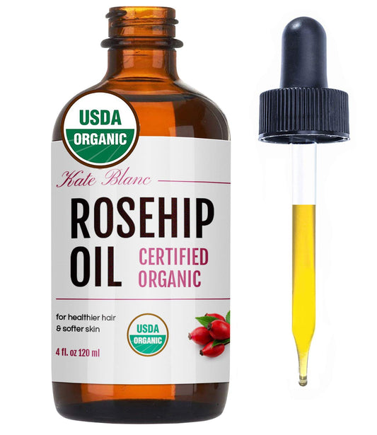 Kate Blanc Cosmetics Rosehip Oil for Face & Skin. Rosehip Seed Face Oil for Facial & Gua Sha Massage (4oz, Organic, Pure, Cold Pressed)