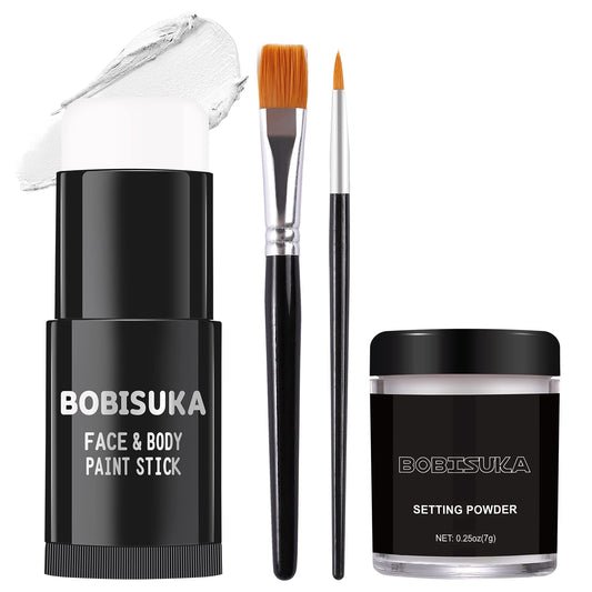 BOBISUKA White Face Paint Stick + Setting Powder+ 2 Paintbrushes Set, Clown Makeup Body Paint Eye Black Sticks for Sports, White Painting Kit for Halloween Skeleton Skull Special Effects SFX