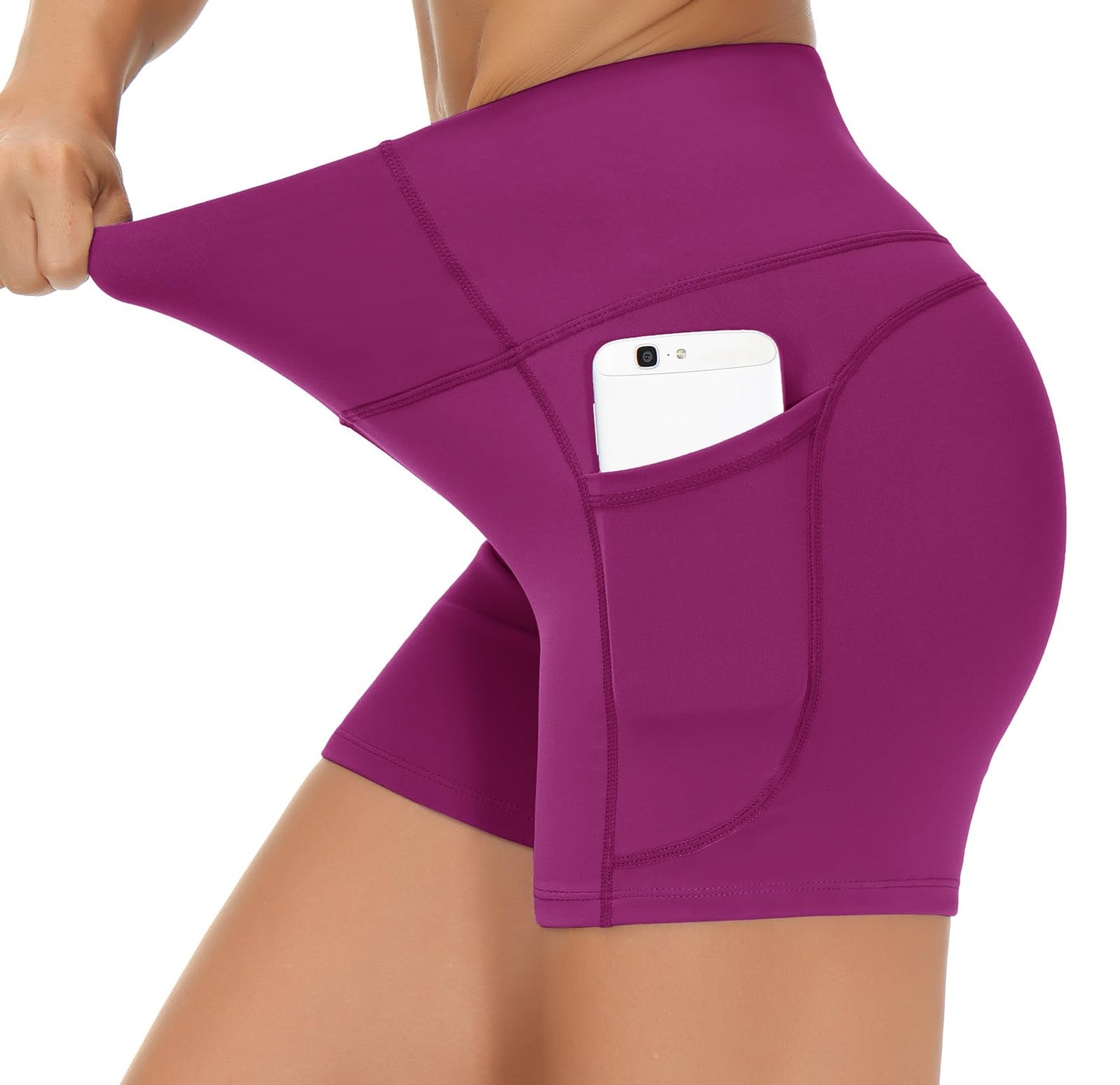 THE GYM PEOPLE High Waist Yoga Shorts for Women's Tummy Control Fitness Athletic Workout Running Shorts with Deep Pockets Fuchsia