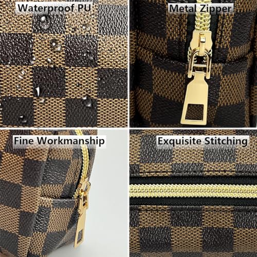 Makeup Bag,3 Pcs Brown Checkered Bags Set,Portable with Adjustable Partition,Large Capacity Pouch for Travel Cosmetic Organizer, Makeup Brushes,Waterproof, Toiletries,Designer for Gift,Checkered