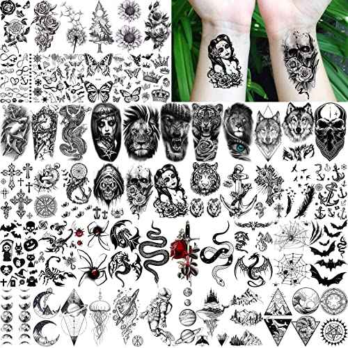 COKTAK 68 Sheets Large Half Arm Sleeve Temporary Tattoos For Men Women Forearm, Tribal Wolf Tiger Lion Owl Skull Temp Halloween Fake Tattoo Stickers Adults, Black Realistic Tattoo Flower Rose Animals