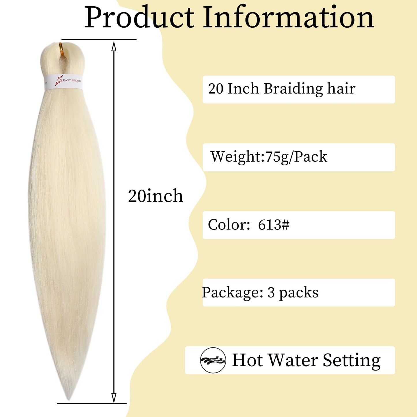 20 Inch Prestretched Braiding Hair Blonde Braiding Hair Kanekalon Braiding Hair Pre Stretched Soft Yaki Texture Synthetic Hair Hot Water Setting Hair Extensions for Braids(20inch,613#)