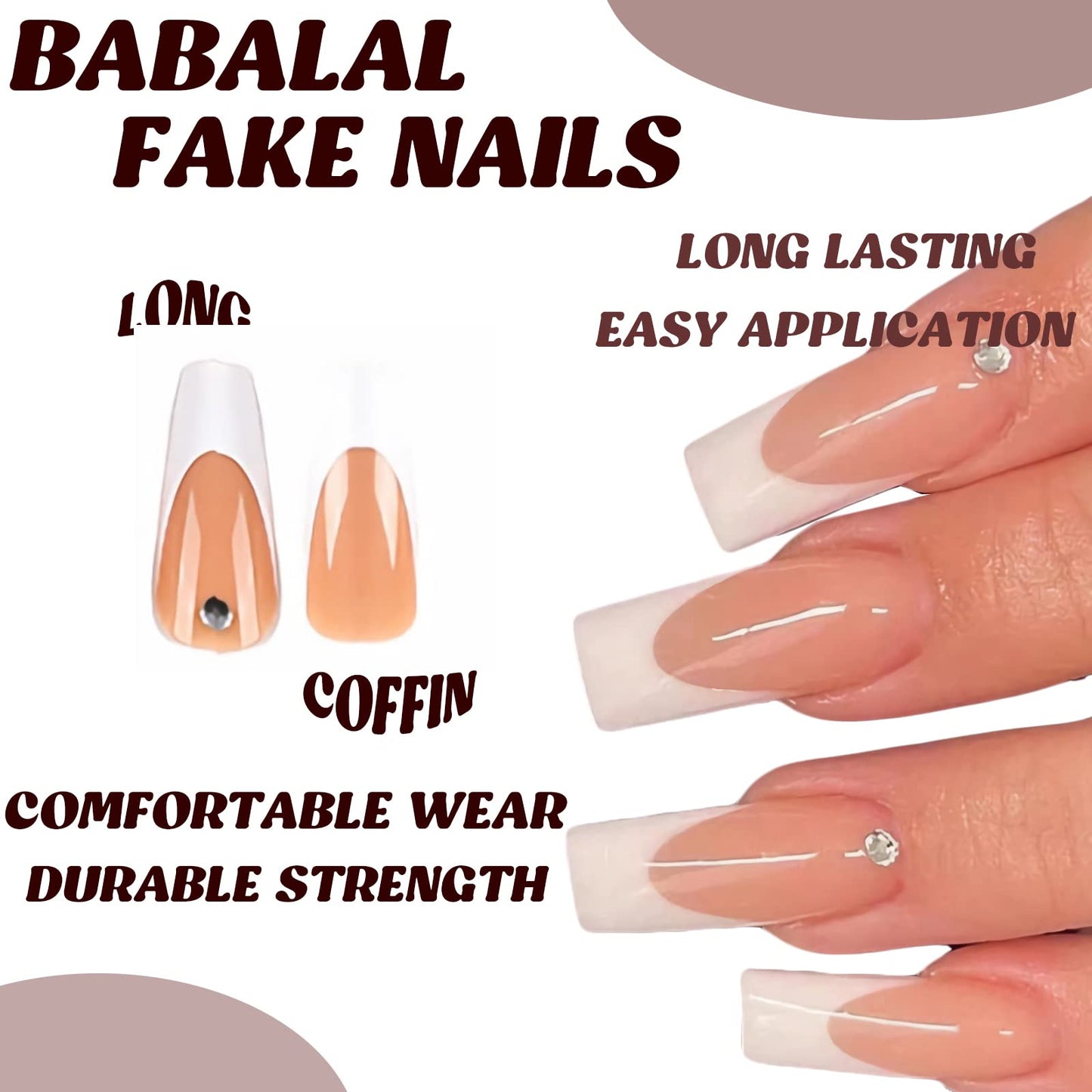 BABALAL Press on Nails Long Coffin Fake Nails White French Glue on Nails Ballerina Acrylic Nails Rhinestone Stick on Nails for Women and Girls