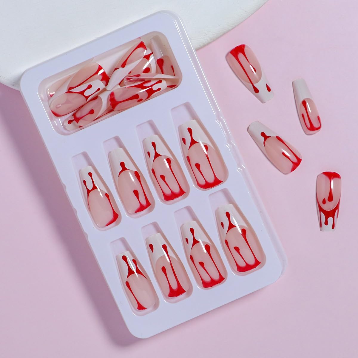 24Pcs Red Halloween Press on Nails Long Square Fake Nails French Tips False Nails Red Blood Full Cover False Nails with Designs Stick on Nails Artificial Nails Finger Manicure for Women and Girls