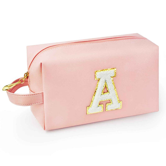 WEMVP Personalized Initial Makeup Bag with Handle, Preppy Cosmetic Bag with Inner Zipper Pocket, 8 9 10 11 12 13 14 Years Old Girl, Graduation Gifts for Teen Girls Women Teachers (A, Pink)