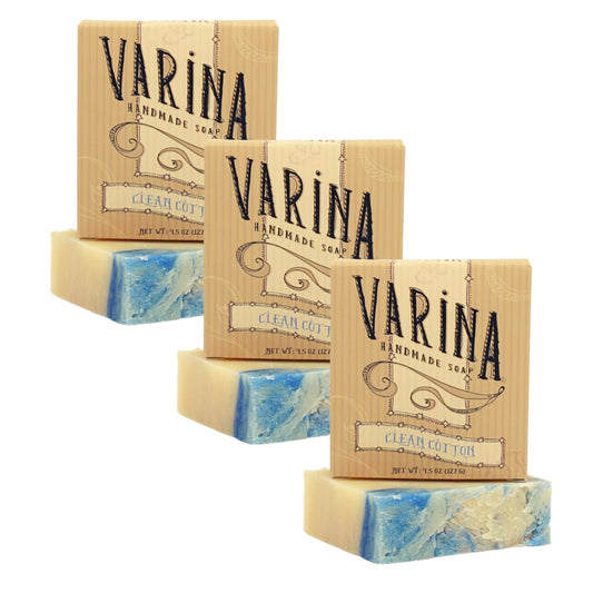 Varina Natural Clean Cotton Bar Soap - Gentle Cleansing for Sensitive Skin, Fresh - 3 Pack