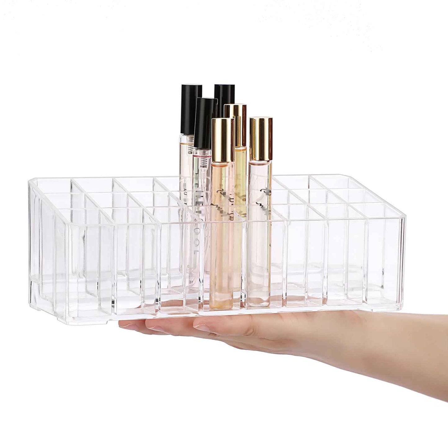 ELLDOO Rollerball Perfume Organizer, 24 Spaces Clear Acrylic Perfume Storage Holder Beauty Scent Holder, Makeup Lipgloss Lipstick Display Case