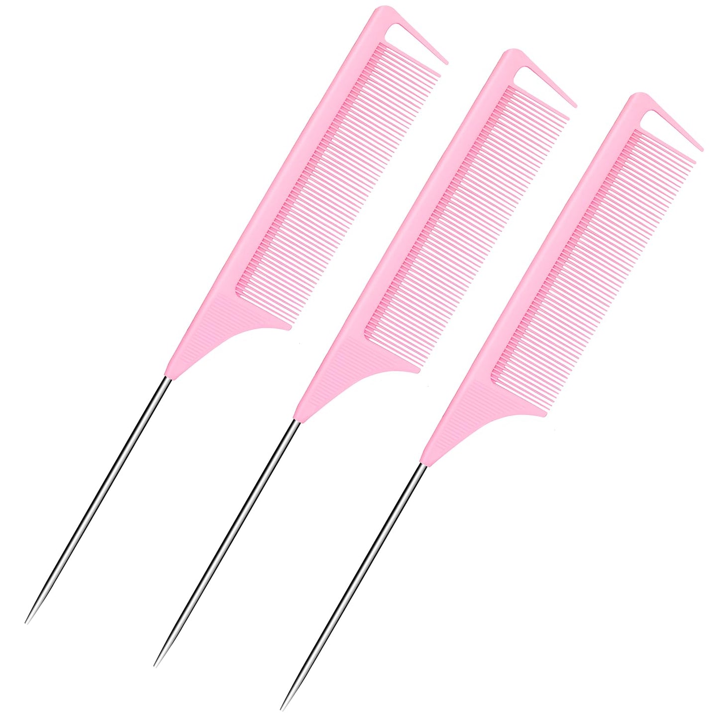 Rat Tail Combs 3PCS, Parting Combs for Braiding Hair Carbon fiber heat-resistant anti-static, for Sectioning, Parting, Styling Hair (Pink)