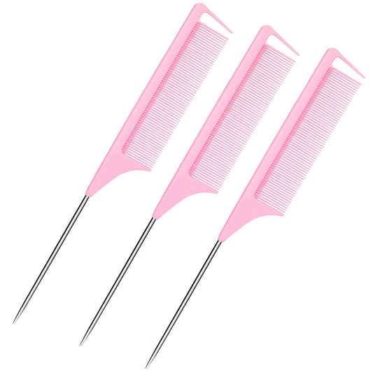 Rat Tail Combs 3PCS, Parting Combs for Braiding Hair Carbon fiber heat-resistant anti-static, for Sectioning, Parting, Styling Hair (Pink)