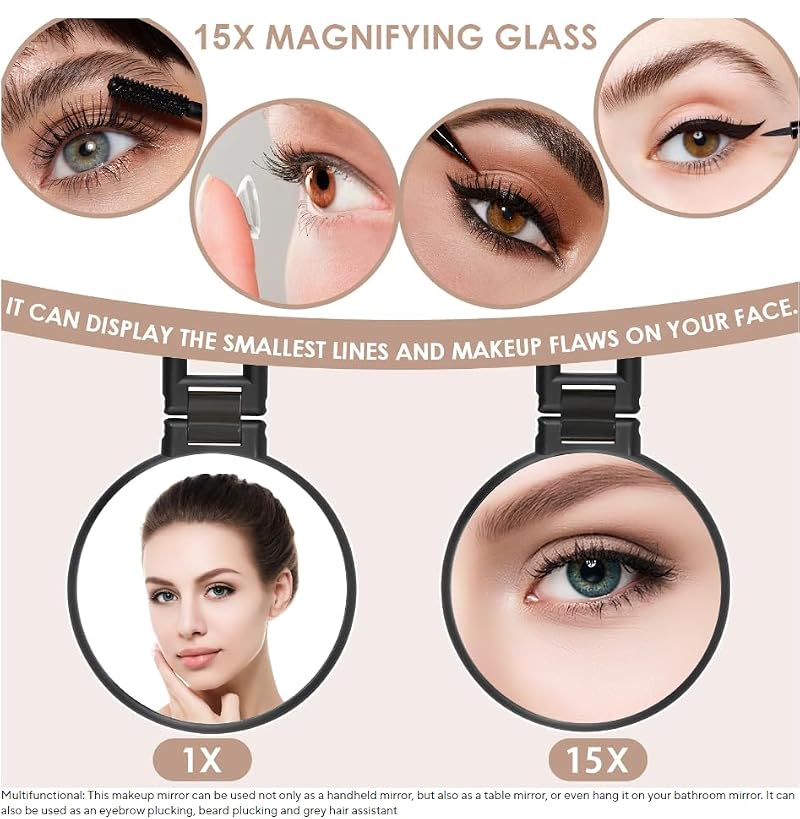 Stianiiie Black 1X/15X Double Sided Travel Handheld Mirror for Makeup & Grooming
